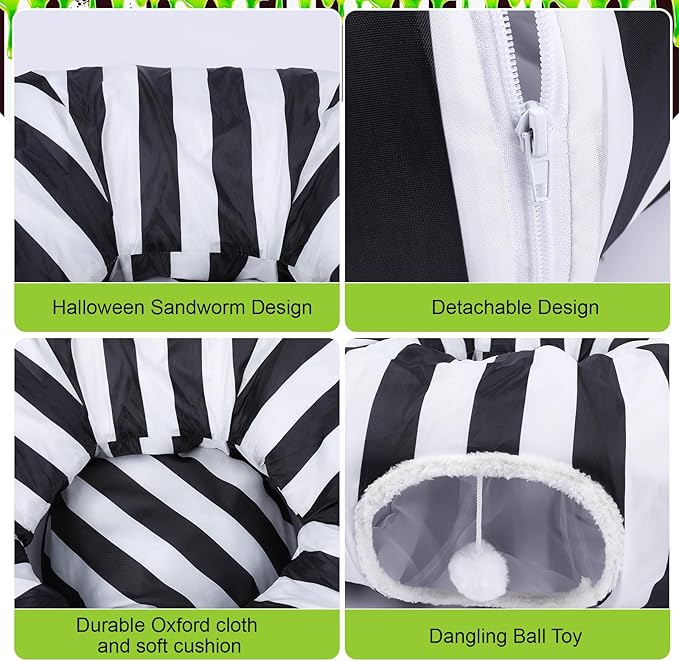 Frienda Cat Tunnel Bed Under Halloween Tree Sandworm Kitten Donut Tunnel with Cushion and Ball Toy Tree Skirt Detachable Black and White Stripes Cat Cave for Kitten, Puppy, Rabbit, Small Animals