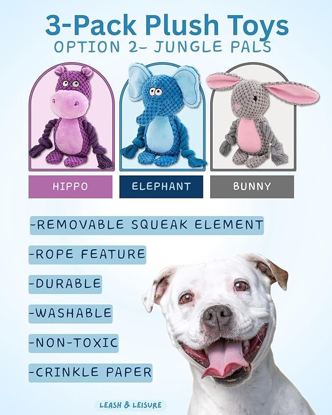 Plush Dog Toys, 3-Pack Variety Set with Squeaker, Crinkle Paper, Rope, Non-Toxic, Soft & Durable, Teething Puppy Toys- Farm Friends or Jungle Pals, 9.45 x 3.94 inches (Jungle Pals)
