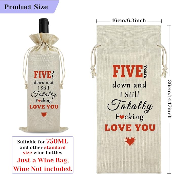 5th Anniversary Wedding Gift for Couple Wine Bag 5 Years of Marriage Gift for Women Men Drawstring Wine Wrapping Bag 5th Anniversary Keepsake Gift Birthday Christmas Valentine Gift Wine Bottle Bag