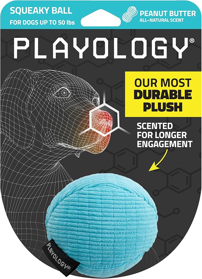 Playology Dog Toys | Squeaky Plush Toy Ball for Dogs | Medium Peanut Butter Scented Toy - Easy to Clean and Made from Non Toxic Materials