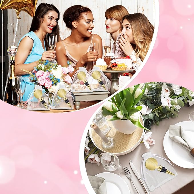 24 Sets Wine Stopper for Wine Bottles Wedding Wine Stopper Champagne Bottle Stoppers Beverage Bottle Stoppers with White Sheer Organza Bags Wedding Party Favor for Guests (Gold)