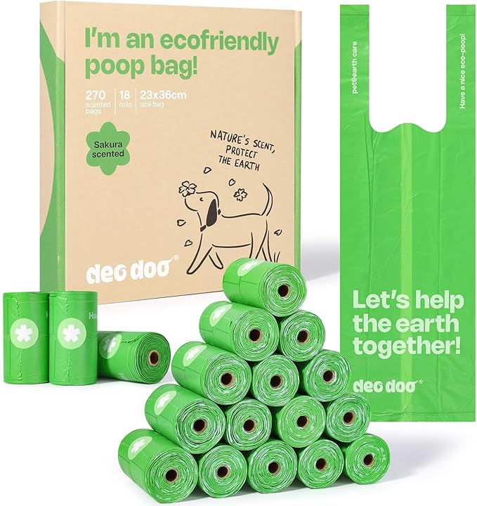 Dog Poop Bags with Handles Sakura Scented 18 Rolls 270 Counts Leak Proof and Extra Thick Waste Bags for Walking Small Medium Dogs