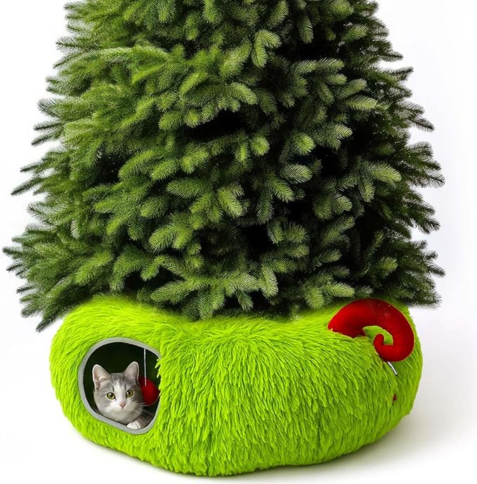 Frienda Christmas Cat Tunnel Bed Under Christmas Tree Lime Green Cat Donut Tunnel 3ft x 3ft x 9.4in Elf Tree Skirt Peekaboo Circle Cave Toy Winter Decor for Kitten Kitty Puppy Rabbit Ferret Gift