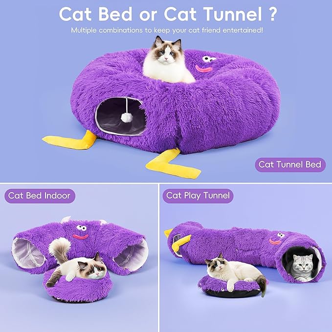 Cat Tunnel Bed for Indoor Cats - Cute Cat Donut Tunnel with Washable Circle Cushion - Multi-Purpose Cat Bed & Peekabo Cave, Pet Playground Toys for Kittens, Puppy, Rabbit