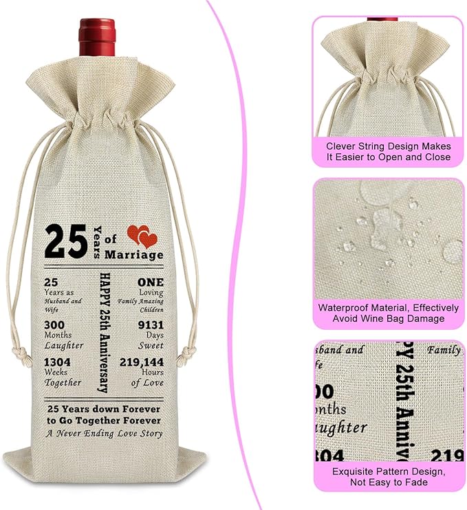 25 Year Marriage Gift for Wife Husband Wine Bag 25th Anniversary Wedding Gift for Her Him Drawstring Burlap Wine Bag Anniversary Keepsake Gift for Couples Friend Valentine Gift for Husband Wife