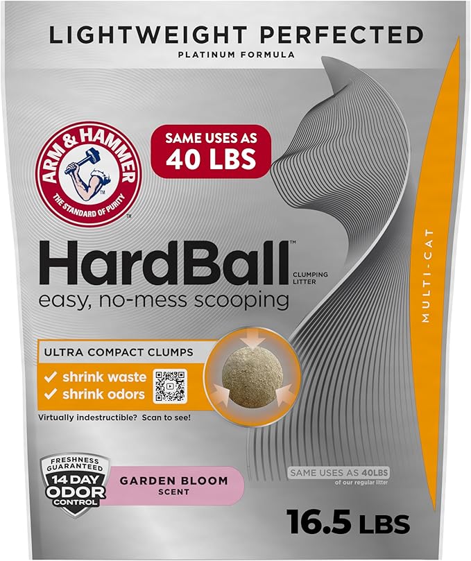 ARM & HAMMER Hardball Lightweight Platinum Multi-Cat Clumping Cat Litter Odor Control, Easy No-Mess Scooping, Garden Bloom Scent, 16.5 Lbs.