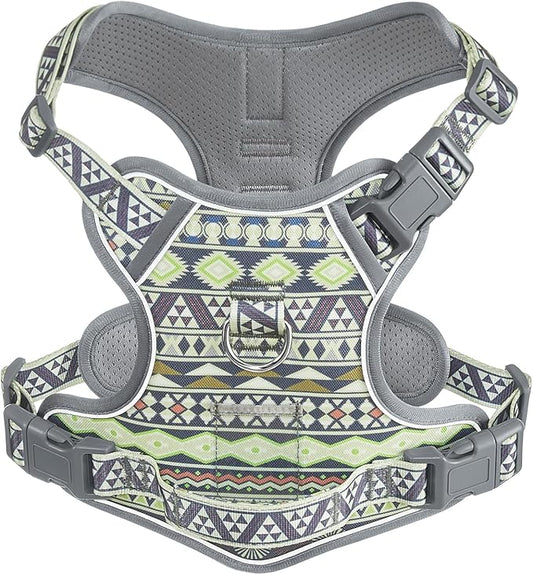 Small Dog No Pull Dog Harness, Pet Harness with ID Card Reflective Strip Soft Padded Handle, Adjustable Vest Harness for Walking Hiking Training, Geometric Pattern, Beagle, Gray Ethnic, S