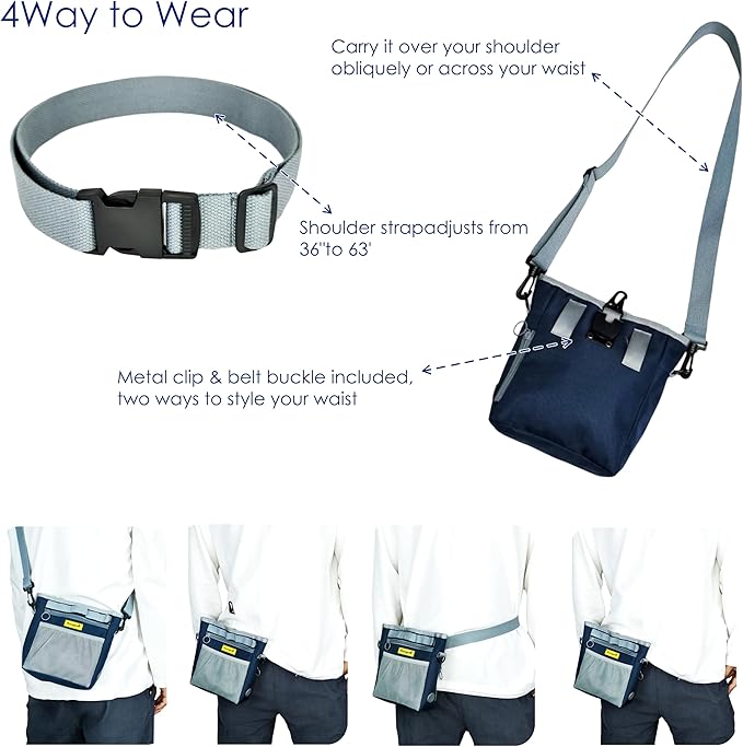 Dog Treat Pouch with Magnetic Closure 4-Cup Silicone Bag Fanny Pack Holder with Clicker 4 Ways to Wear Front Pocket Fits All Phones Ideal for Leash, Pet Walking and Training（Blue）