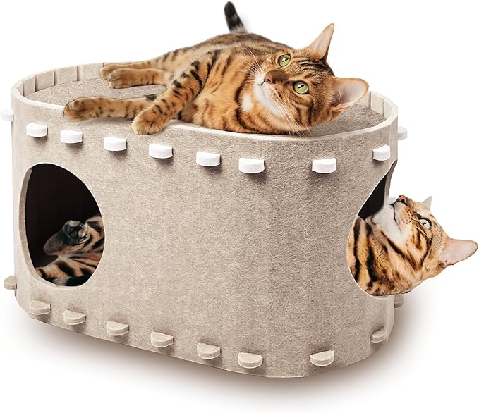 Cat House for Indoor Cats, Cat Bed Cave for Multiple & Large Cats Up to 22 Lbs, Scratch Resistant Peekaboo Cat Caves, Foldable Cat Tunnel Enclosed Bed, PeekaPurr, Cream