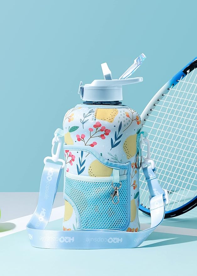 H2O Capsule 2.2L Half Gallon Water Bottle with Storage Sleeve and Removable Straw – BPA Free Large Reusable Drink Container with Handle - Big Sports Jug, 2.2 Liter (74 Ounce), Lemon Drop