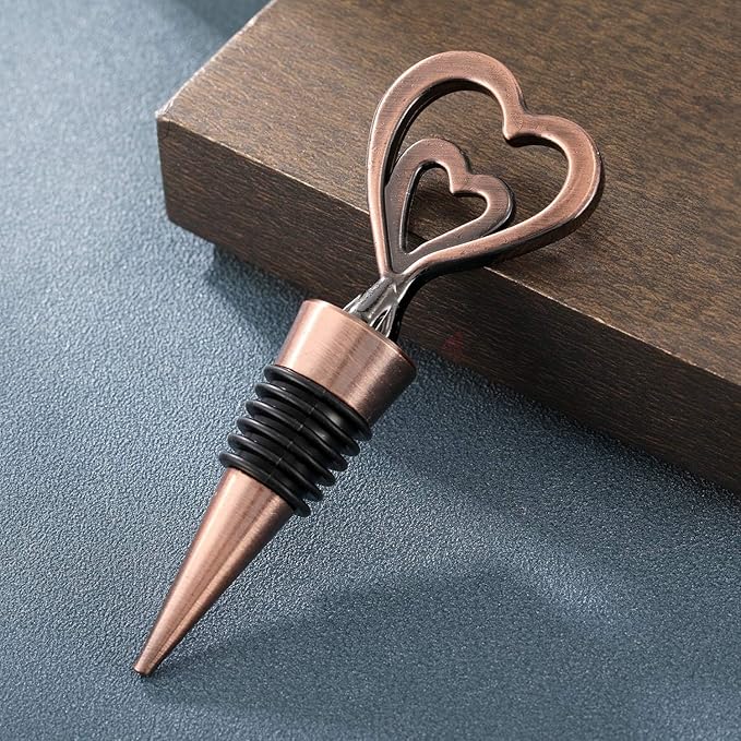 24PCS Double Heart Shape and Beverage Wine Bottle Stoppers Love Design Wine Caps Reusable Plug Keep Wine Fresh for Wedding Birthday Baby Shower Gifts for Guests (24,Bronze Heart)