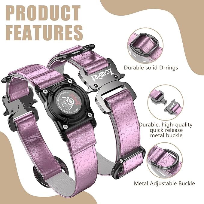 AirTag Dog Collar - Leather Dog Collar with Airtag Holder | IP68 Waterproof AirTag Holder with Metal Buckle, Comfortable GPS Dog Collars Tracker for Medium Large Dogs (Rose Gold, M)