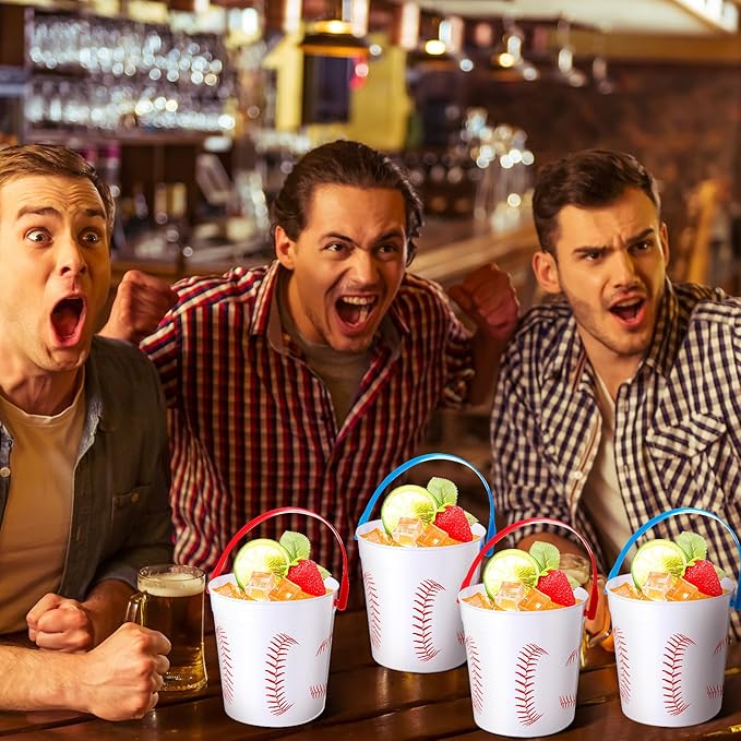 Mifoci Baseball Small Plastic Bucket with Handles 34 oz Versatile Baseball Treat Bucket Baseball Ice Bucket Bulk for Wine Beverage Baseball Party Bar Alcohol Beer Snack Drink Pail Gifts(10 Pcs)