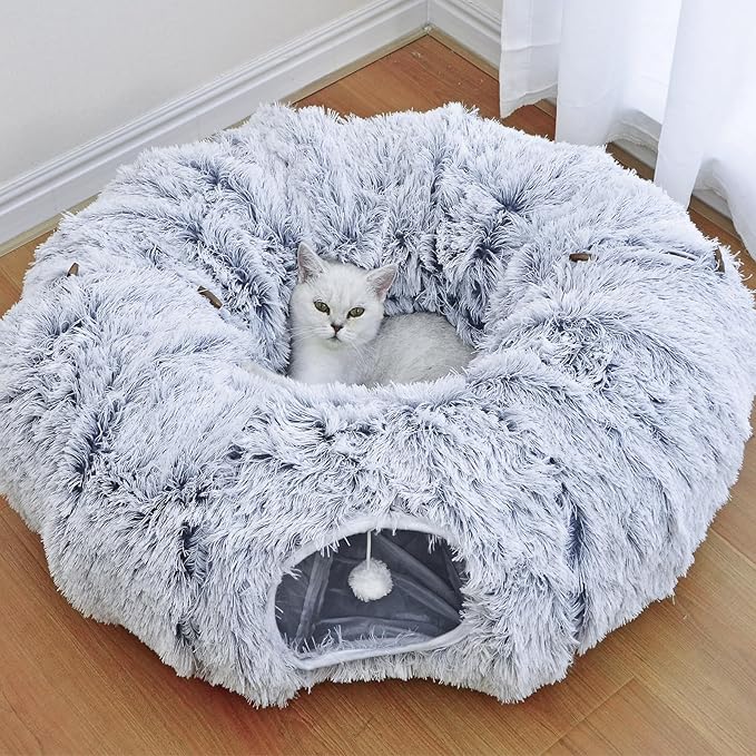 Plush Cat Tunnel Bed for Indoor Cats with Soft Cushion, Multi-Shape Play Cave with Hanging Balls, Large and Foldable Cat Donut Tunnel for Small and Large Pets (Grey)