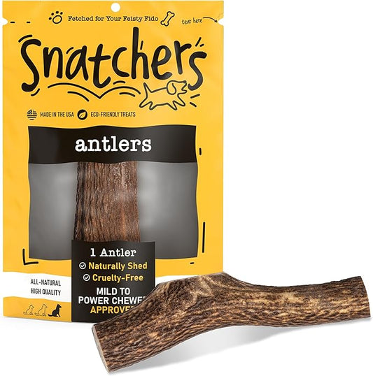 Snatchers Elk Antlers for Dogs – Long Lasting Dog Chews and Dog Toys for Aggressive Chewers, Naturally Shed Deer Antlers for Dogs Processed in The USA, No Additives (Jumbo, 9-13", 1 Count)
