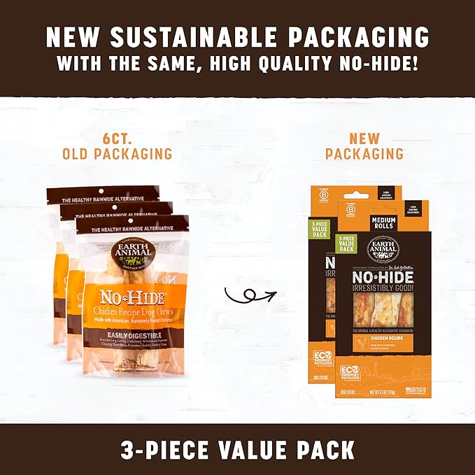 Earth Animal No-Hide Rolls Chicken Recipe Medium Natural Rawhide Alternative Dog Chews - 3 Count Value Pack