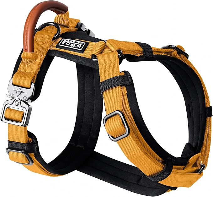 MADE TO ROAM Premium Explorer Harness - Y-Shaped Dog Harness with Adjustable Durable Nylon, Soft Padding, Metal Buckles and Leather Handle for Small, Medium, Large Dogs (Michigan Autumn, Size 1)
