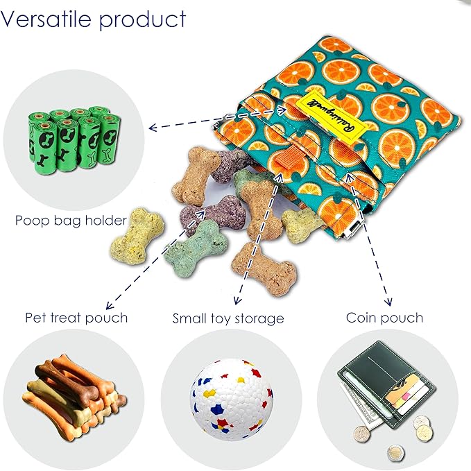 Dog Treat Pouch,Cotton Pocket Sized Training Holder, Hand Free Walking Funny Bag with Carabiner, Self-Closing Pet Feed Snack Reward, Behavior Aids for Puppy Travel or Outdoor Use（Fruit Orange）