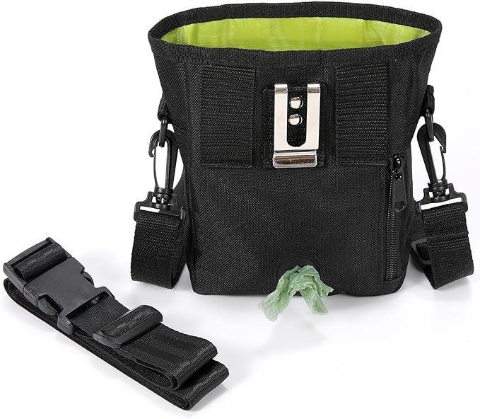Dog Treat Pouch with Collapsible Dog Bowl, Training Clicker and Poop Bags, Treat Pouches for Pet Training, Built-in Poop Bag Dispenser, Waist Belt Clip, Puppy Treat Pouch Magnetic Closure - Black