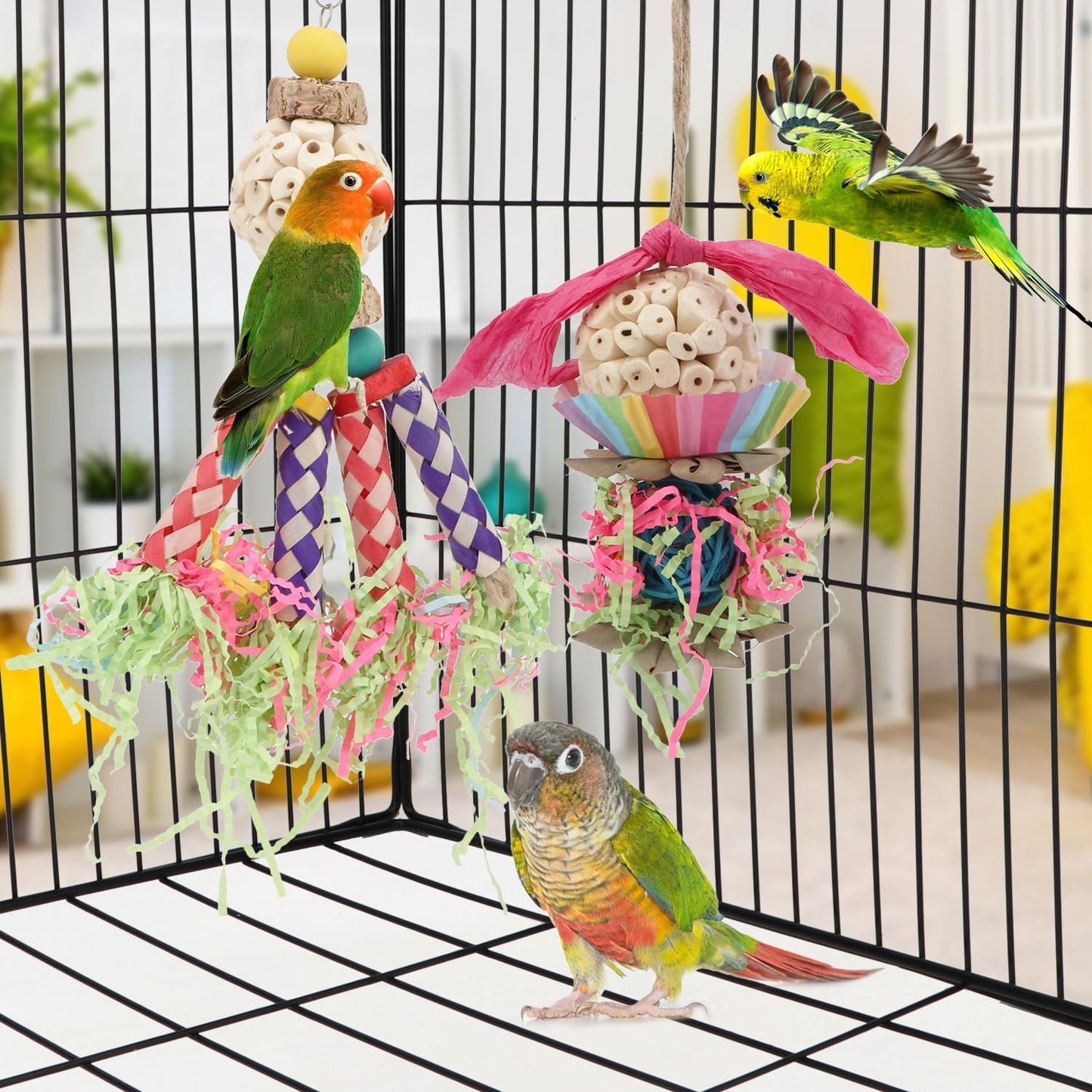 Wontee Bird Colorful Shredding Crinkles Foraging Toys Natural Sola Ball for Parrots Cockatiels Conures Budgies Senegal (Shredder Toys (2 Pack))