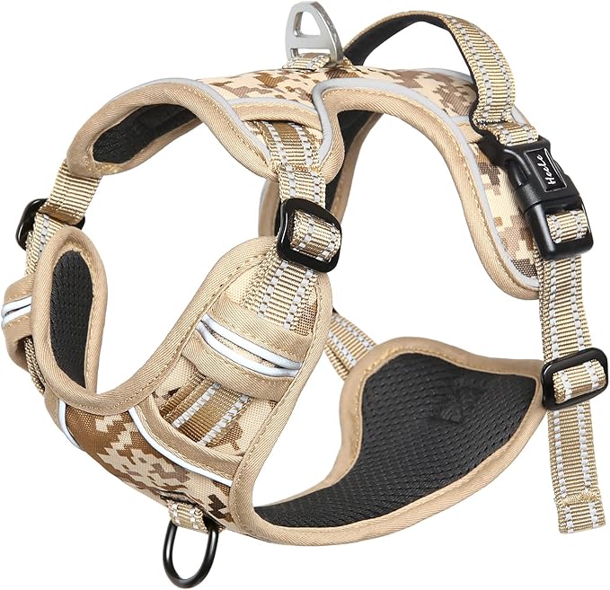 HEELE Dog Harness, No Pull Adjustable Padded Reflective Harness for Small Medium Large Dogs with Handle for Walking Training, Camo Tan, S