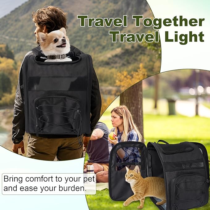 Dog Backpack, Breathable and Comfortable - with Chest Strap, Waist Strap, Safety Buckle and Elevated Interactive Pad, Ideal Pet Carrier Bag for Traveling, Hiking and Daily Walks, Black