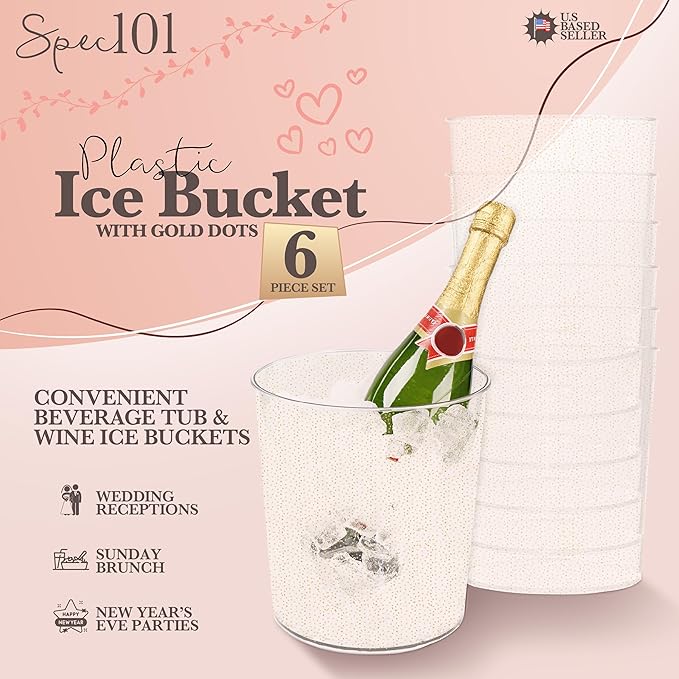 Ice Bucket for Champagne - 6 Pack Plastic Ice Buckets for Parties - 2.83L Gold Transparent Bridal Beverage Tub Cooler Catering Bar Accessories for Wine, Beer, Liquor, Spirits and Seltzers