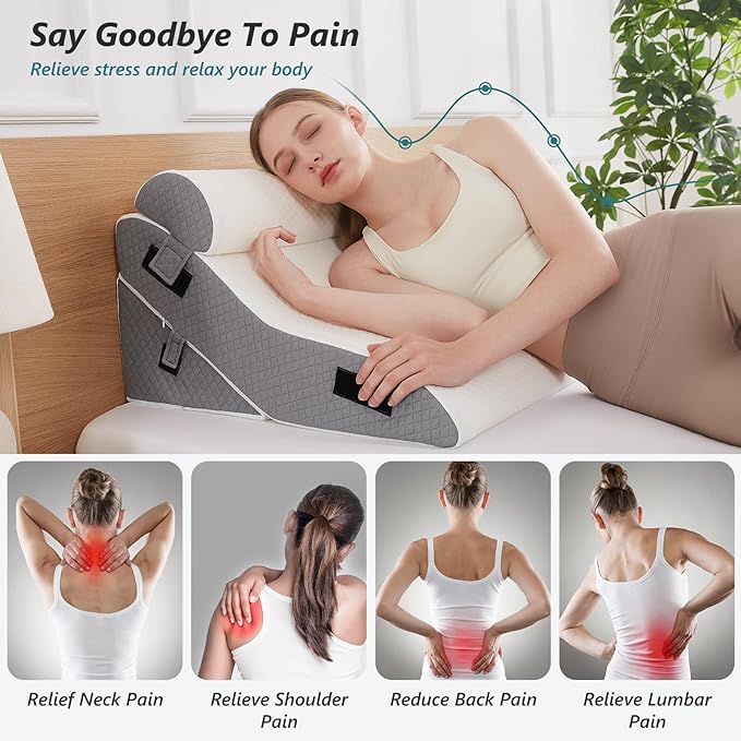 3 PCS Upgraded Bed Wedge Pillow for Sleeping - 35D Post Surgery Pillow for Back Leg Pain Relief - 16.5" Wide Wedge Pillows for After Surgery for Acid Reflux & GERD & Snoring(White Grey)