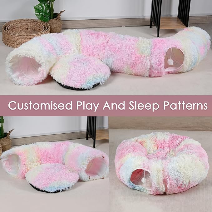 Cat Tunnel Bed for Indoor Cats, Catasaurus Peekaboo Cat Cave with Washable Soft Play Mat, Furry Cat Tube, for Kitten/Puppy/Rabbit, Pink