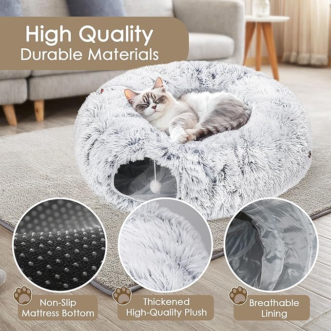 Cat Tunnel Bed for Indoor Cats, Peekaboo Cat Cave with Washable Soft Play Mat, Furry Cat Tube, for Kitten/Puppy/Rabbit, Grey