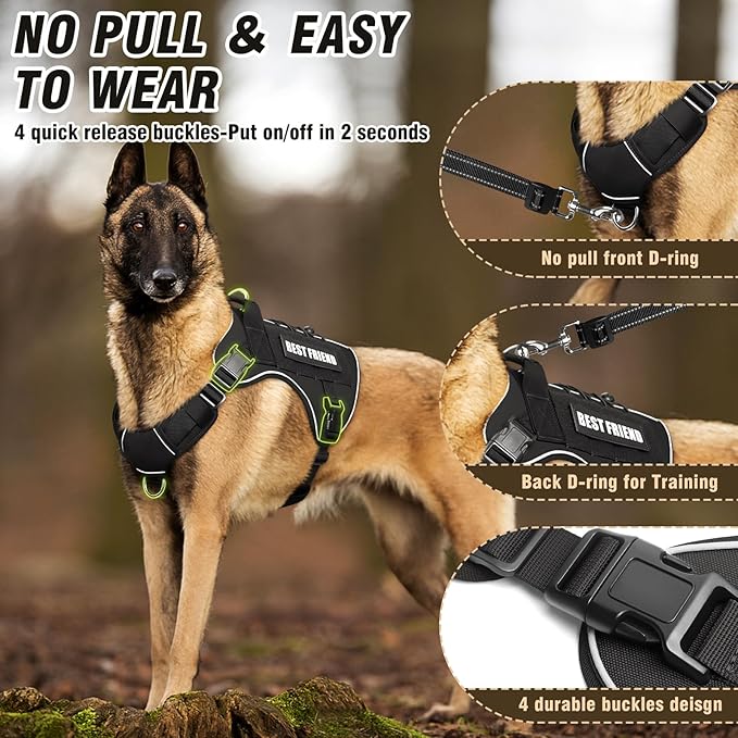 Tactical Dog Harness for Large Dogs,No Pull Military Dog Vest with Handle,Reflective Heavy Duty Pet Harness for K9 Working Walking Hiking Training Black XL