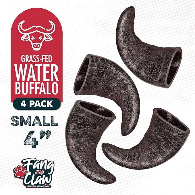 Water Buffalo Horn Dog Chew 4 Pack - Small 4" - All Natural Free Range Grass Fed Single Source Protein - No Chemicals, Additives, Hormones - Long Lasting, Good for Aggressive Chewers – by Fang & Claw