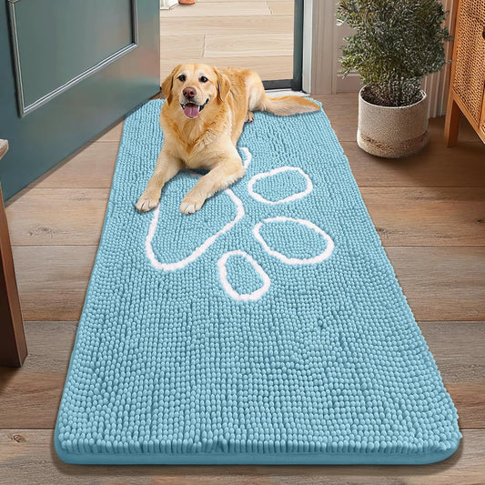 Smiry Dog Door Mat for Muddy Paws, Absorbent Dirt Trapper Non Slip Quick Dry Washable Chenille Mat for Mud Dogs, Entry Rug for Indoor and Outdoor (48x30 Inches, Sky Blue)