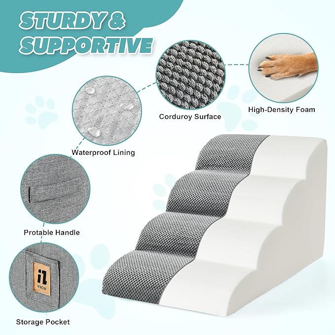 IFNOW Dog Stairs for Small Dogs, 4-Step Sturdy Dog Steps for Bed, Couch, Sofa, Waterproof Pet Stairs for Older Cats, Puppy, Removable Washable Cover, Non-Slip Curved Pet Ramp Indoor, Grey