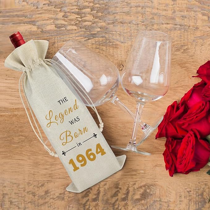 60th Birthday Gifts for Her Him Wine Bag Happy 60th Birthday Gift for Women Men Wine Gift Bag 60 Year Old Birthday Party Decors Turning 60 Gift for Mom Wife Friends Burlap Wine Cover Bag