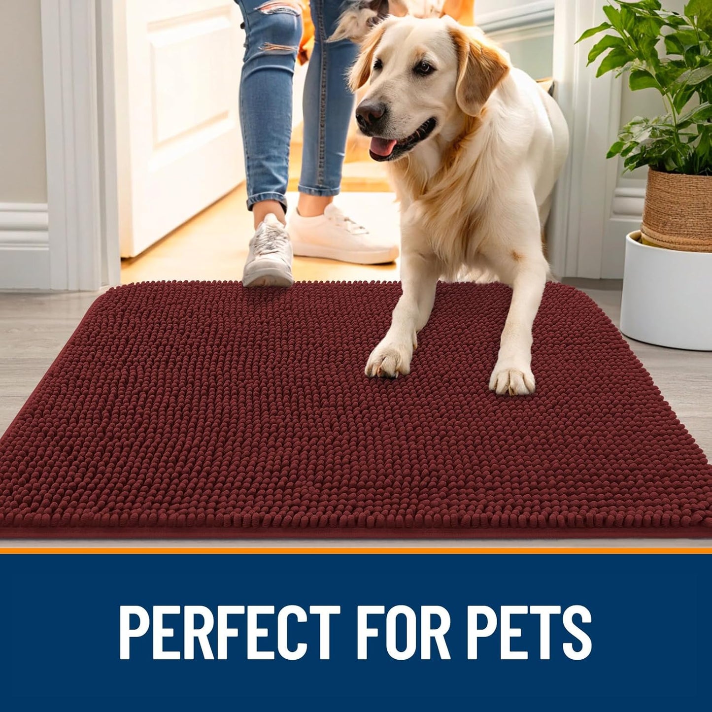 OLANLY Dog Door Mat for Muddy Paws 36x24, Absorbs Moisture and Dirt, Absorbent Non-Slip Washable Doormat, Quick Dry Chenille Mud Mat, Entry Indoor Entryway Carpet for Inside Floor, Caramel Russet