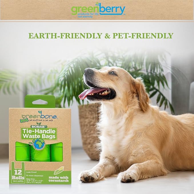 BioBase Cat or Dog Poop Bags Rolls with Handle Tie, Large Leak Proof- 12 Rolls -144 refills