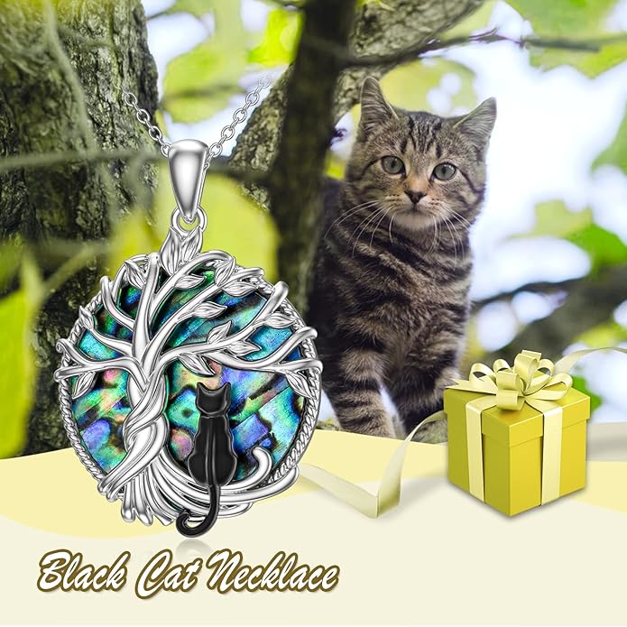 TOUPOP Cat Gifts for Cat Lovers Sterling Silver Cute Cat Tree of Life Pendant Necklace with Blue Circle Crystal Birthday Christmas Jewelry Gifts for Women
