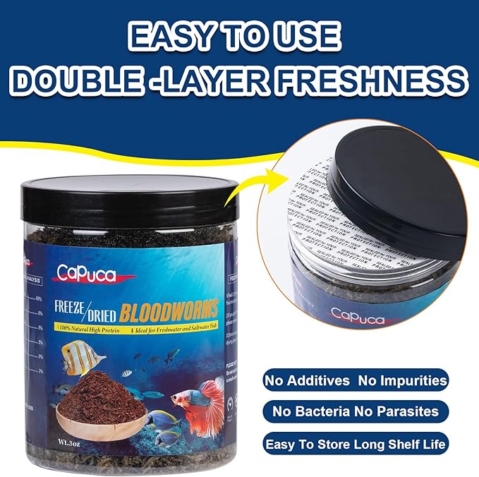 Freeze Dried Blood Worms for Fish – Natural High Protein Fish Food,Enhances Color & Growth for Betta,Cichlid, Goldfish, Guppy (3 oz)