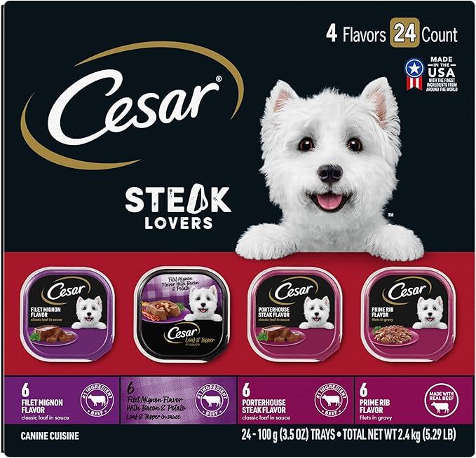 Cesar Wet Dog Food Steak Lovers Variety Pack with Real Meat, 3.5 oz. Trays (24 Count, Pack of 1)