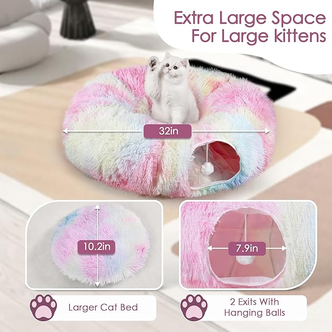 Cat Tunnel Bed for Indoor Cats, Catasaurus Peekaboo Cat Cave with Washable Soft Play Mat, Furry Cat Tube, for Kitten/Puppy/Rabbit, Pink