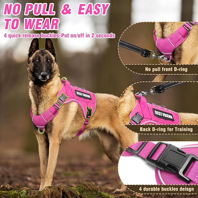 Tactical Dog Harness for Large Dogs,No Pull Military Dog Vest with Handle,Reflective Heavy Duty Pet Harness for Walking Hiking Training Pink L