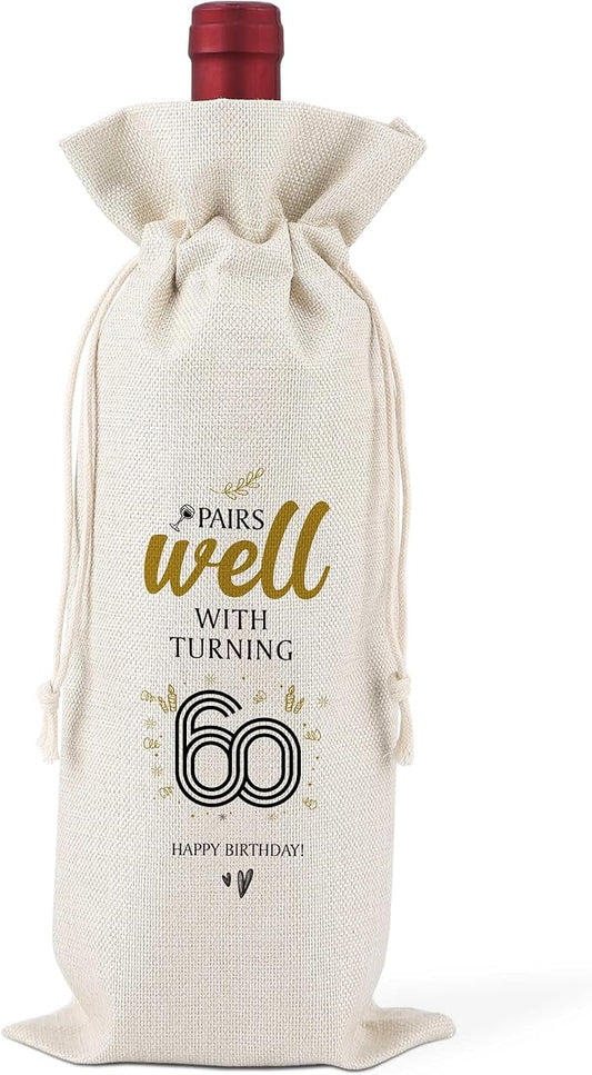60th Birthday Wine Bag,Pairs Well With Turning 60 Happy Birthday,60th Gift Birthday Planning Gift,60th Gift Birthday Party,Birthday Decorations Wine Bag,Reusable Wine Bags With Drawstring,L16