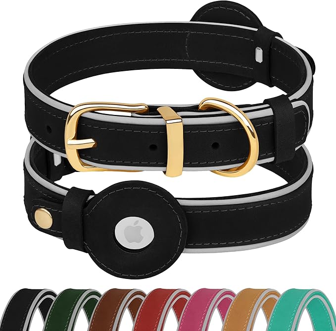 OOPSDOGGY Reflective Geniune Leather Airtag Dog Collar Soft Padded Collars for Small Medium Large Breed Dogs Puppy, 4 Sizes, 7 Colors (Black, Small, 9"-12")