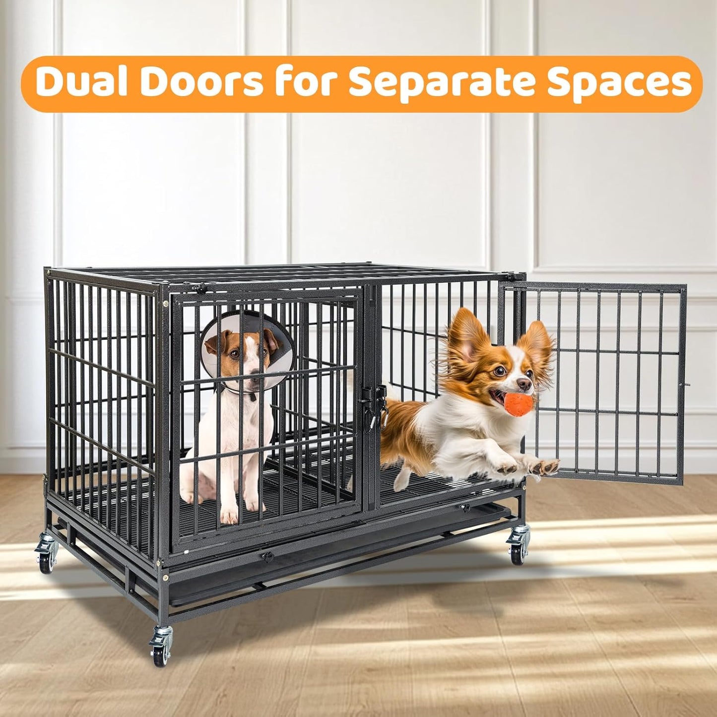 Homey Pet 43 Inch Heavy Duty Dog Crate Cage Kennel for Medium Dogs with Three Door, Divider, Removable Grid & Tray, 4 x Lockable Wheels, 2 x Bowls, Stackable Drop Cages for Breeders, Groomers