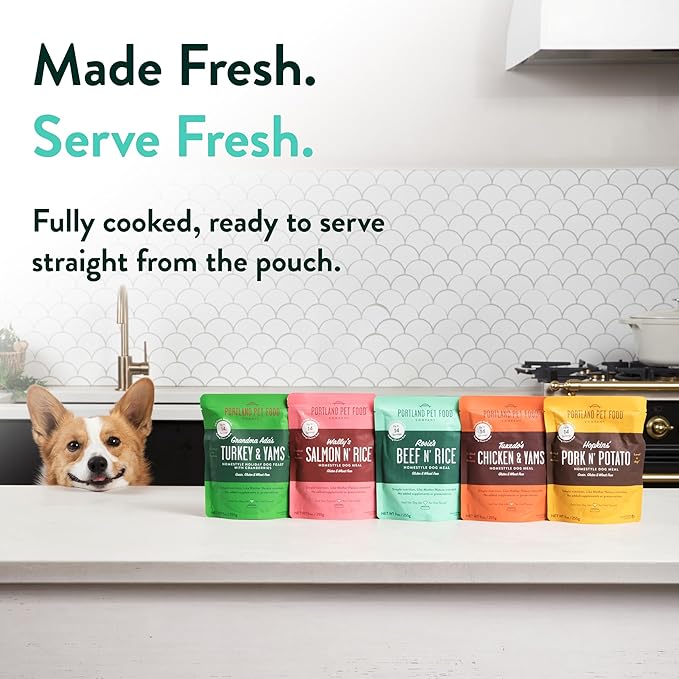 Portland Pet Food Company Salmon & Beef Fresh Dog Food Pouches - Human-Grade, Gluten-Free Wet Pet Meal Topper & Mix-Ins - Small & Large Breed Puppy & Senior Dogs - Made in The USA - 8 Pack