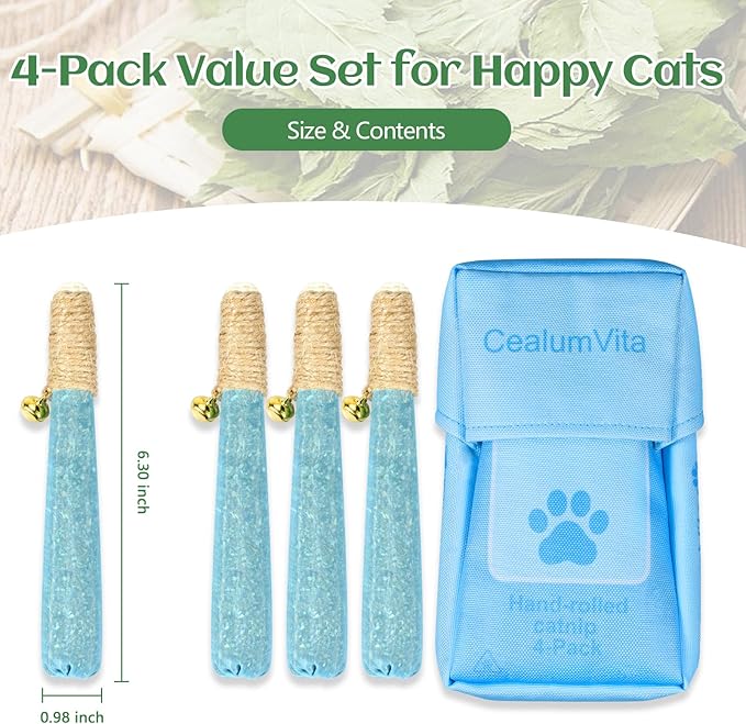 4 Pack Hand-Rolled Catnip Sticks with Chew Rope & Bell -Shaped Cat Toys for Indoor Cats and Kicker Toys, Teething Chew and Play Fun (Blue)