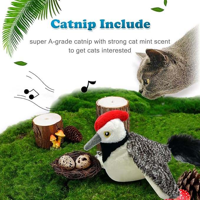 LEWISER Cat Toys, Flapping Wings Cute Woodpecker, No Flying, Chirping Bird Interactive Catnip Toy for Kitten or Small Dogs, Touch Activated, Rechargeable