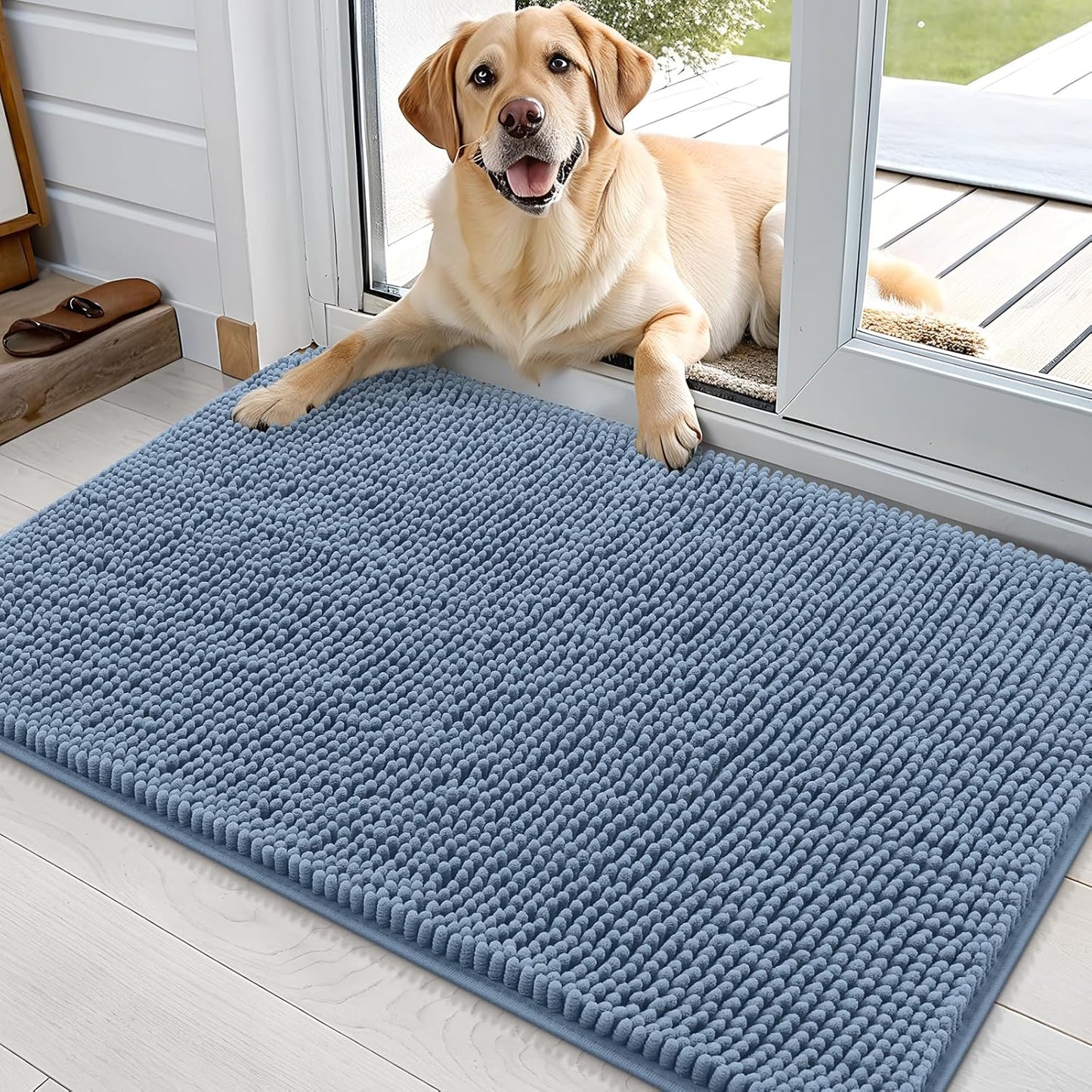 OLANLY Dog Door Mat for Muddy Paws 36x24, Absorbs Moisture and Dirt, Absorbent Non-Slip Washable Doormat, Quick Dry Chenille Mud Mat for Dogs, Entry Indoor Entryway Carpet for Inside Floor, Airy Blue