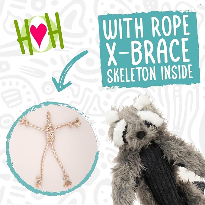 HuggleHounds X-Brace - Interactive Dog Plush Toys to Keep Them Busy, Squeaky Crinkle Puppy Toy for Small, Medium, & Large Dogs, Durable Internal Knotted Rope, Minimal Stuffing - Redwood Raccoon